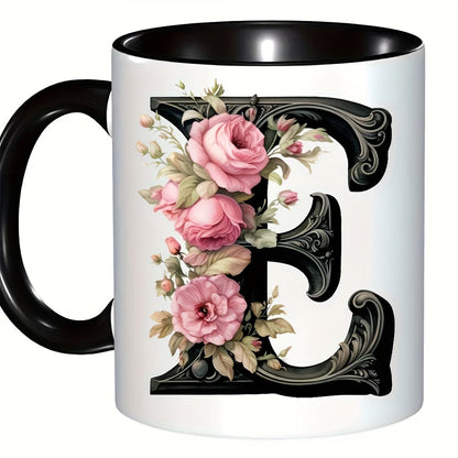 Personalized "Black Letter Floral Initial" Ceramic Coffee Mug – Custom Letter A-Z Pink Roses & Vintage Monogram Novelty Cup (M1141)