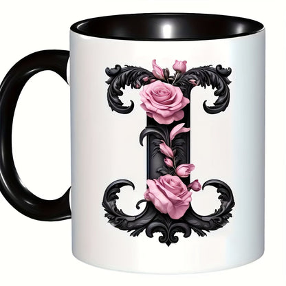 Personalized "Black Letter Floral Initial" Ceramic Coffee Mug – Custom Letter A-Z Pink Roses & Vintage Monogram Novelty Cup (M1141)