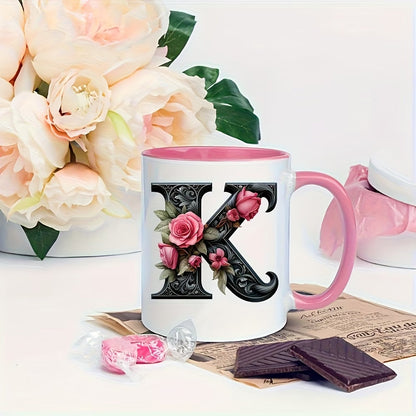 Personalized "Black Letter Floral Initial" Ceramic Coffee Mug – Custom Letter A-Z Pink Roses & Vintage Monogram Novelty Cup (M1141)