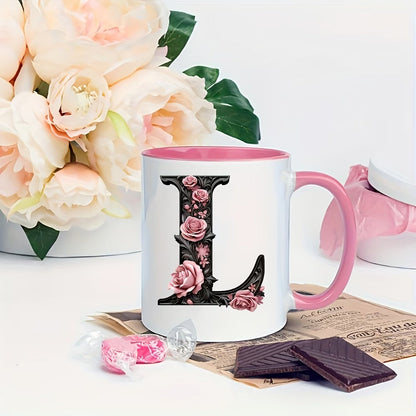 Personalized "Black Letter Floral Initial" Ceramic Coffee Mug – Custom Letter A-Z Pink Roses & Vintage Monogram Novelty Cup (M1141)