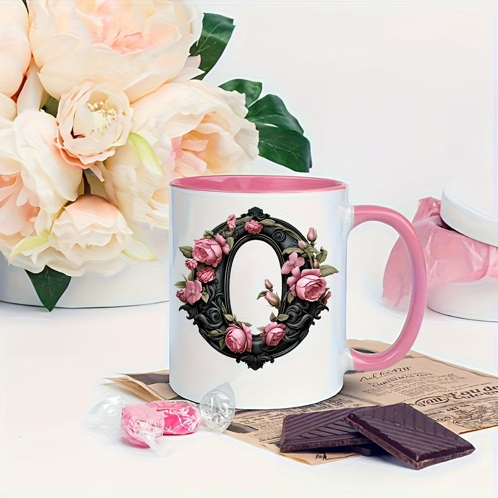 Personalized "Black Letter Floral Initial" Ceramic Coffee Mug – Custom Letter A-Z Pink Roses & Vintage Monogram Novelty Cup (M1141)