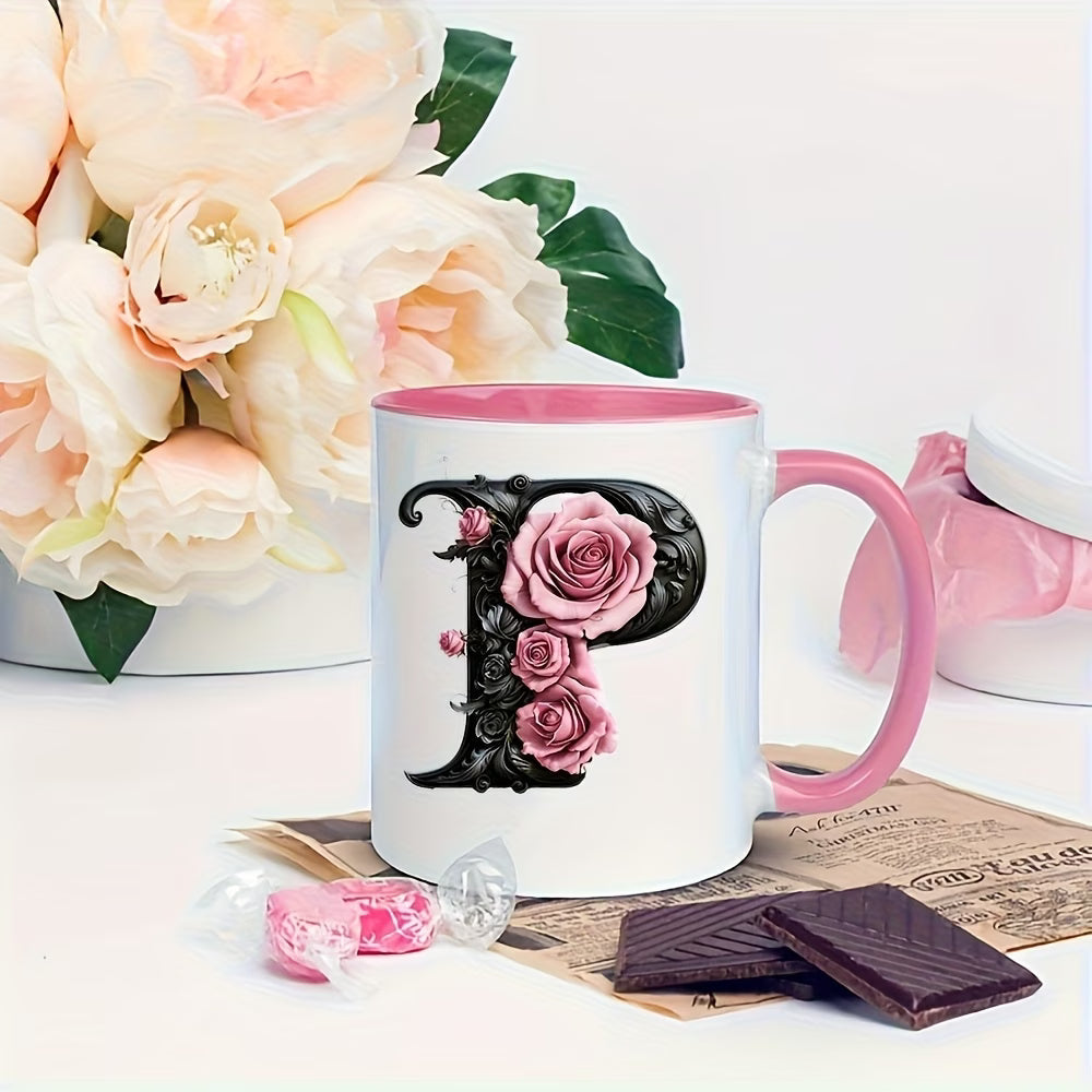 Personalized "Black Letter Floral Initial" Ceramic Coffee Mug – Custom Letter A-Z Pink Roses & Vintage Monogram Novelty Cup (M1141)