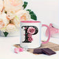 Personalized "Black Letter Floral Initial" Ceramic Coffee Mug – Custom Letter A-Z Pink Roses & Vintage Monogram Novelty Cup (M1141)