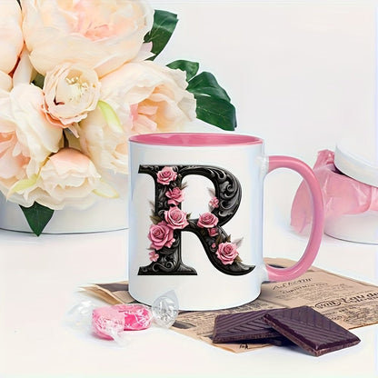 Personalized "Black Letter Floral Initial" Ceramic Coffee Mug – Custom Letter A-Z Pink Roses & Vintage Monogram Novelty Cup (M1141)