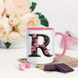 Personalized "Black Letter Floral Initial" Ceramic Coffee Mug – Custom Letter A-Z Pink Roses & Vintage Monogram Novelty Cup (M1141)