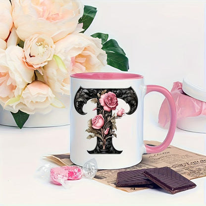 Personalized "Black Letter Floral Initial" Ceramic Coffee Mug – Custom Letter A-Z Pink Roses & Vintage Monogram Novelty Cup (M1141)