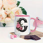 Personalized "Black Letter Floral Initial" Ceramic Coffee Mug – Custom Letter A-Z Pink Roses & Vintage Monogram Novelty Cup (M1141)
