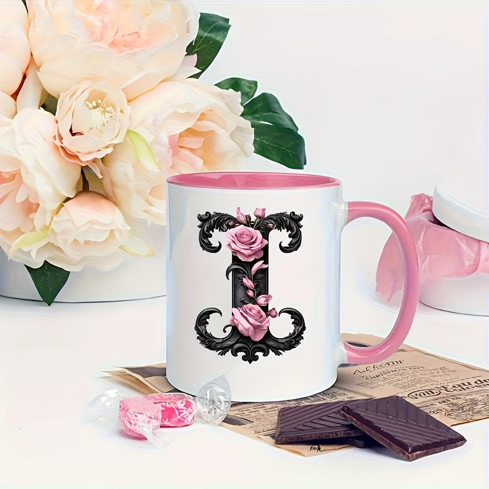 Personalized "Black Letter Floral Initial" Ceramic Coffee Mug – Custom Letter A-Z Pink Roses & Vintage Monogram Novelty Cup (M1141)