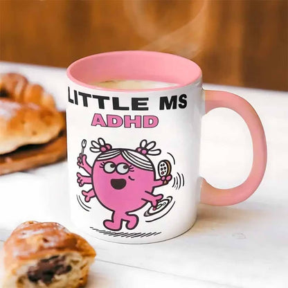 Cute "Little Ms ADHD" Cartoon Ceramic Coffee Mug – Funny Neurodivergent & Relatable Novelty Cup with Pink Accent (M1112)
