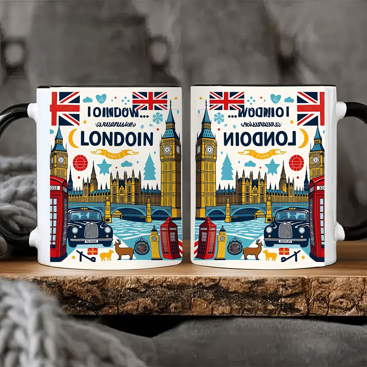 Personalized "London Landmarks & Union Jack" Ceramic Coffee Mug – Black Rim & Handle, Big Ben, Red Telephone Box & British Souvenir Novelty Cup (M1193)
