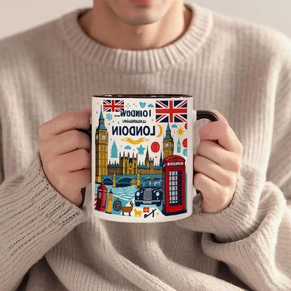 Personalized "London Landmarks & Union Jack" Ceramic Coffee Mug – Black Rim & Handle, Big Ben, Red Telephone Box & British Souvenir Novelty Cup (M1193)