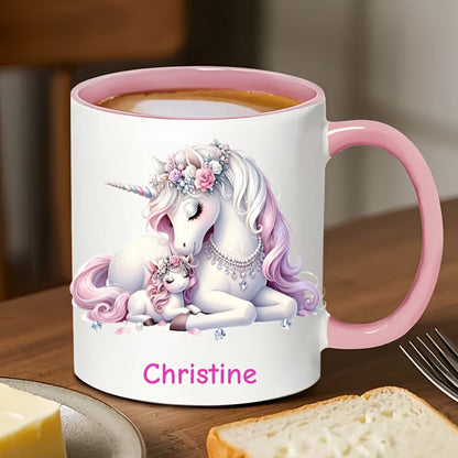 Personalized "Magical Unicorn Mother & Baby" Ceramic Coffee Mug – Custom Name Pink Floral Unicorns & Fantasy Novelty Cup (M1160)