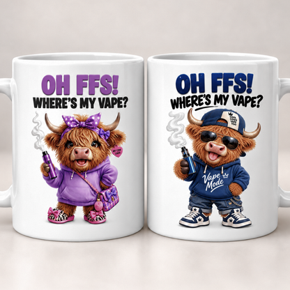 Funny Mug Highland Cow "Where's My V" Coffee Mug - Sarcastic Meme Animal Ceramic Tea Cup & Novelty Gift 350ml | Available in Multicolours | Fast Dispatch by UK Seller (M1205)