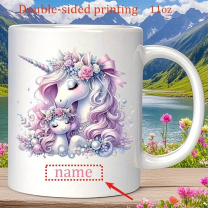 Personalized "Mother & Baby Unicorn" Floral Ceramic Coffee Mug – Custom Name Fantasy & Magical Motherhood Novelty Cup (M1126)