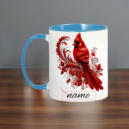 Personalized "Red Cardinal & Floral Scroll" Ceramic Coffee Mug – Custom Name Winter Bird, Nature & Memorial Novelty Cup (M1161)