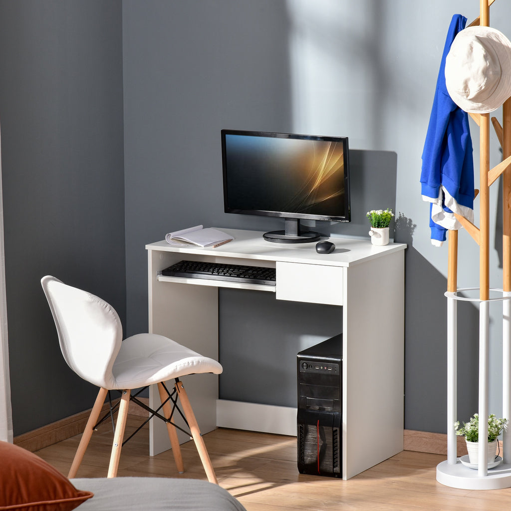 Compact Computer Table with Keyboard Tray Drawer White