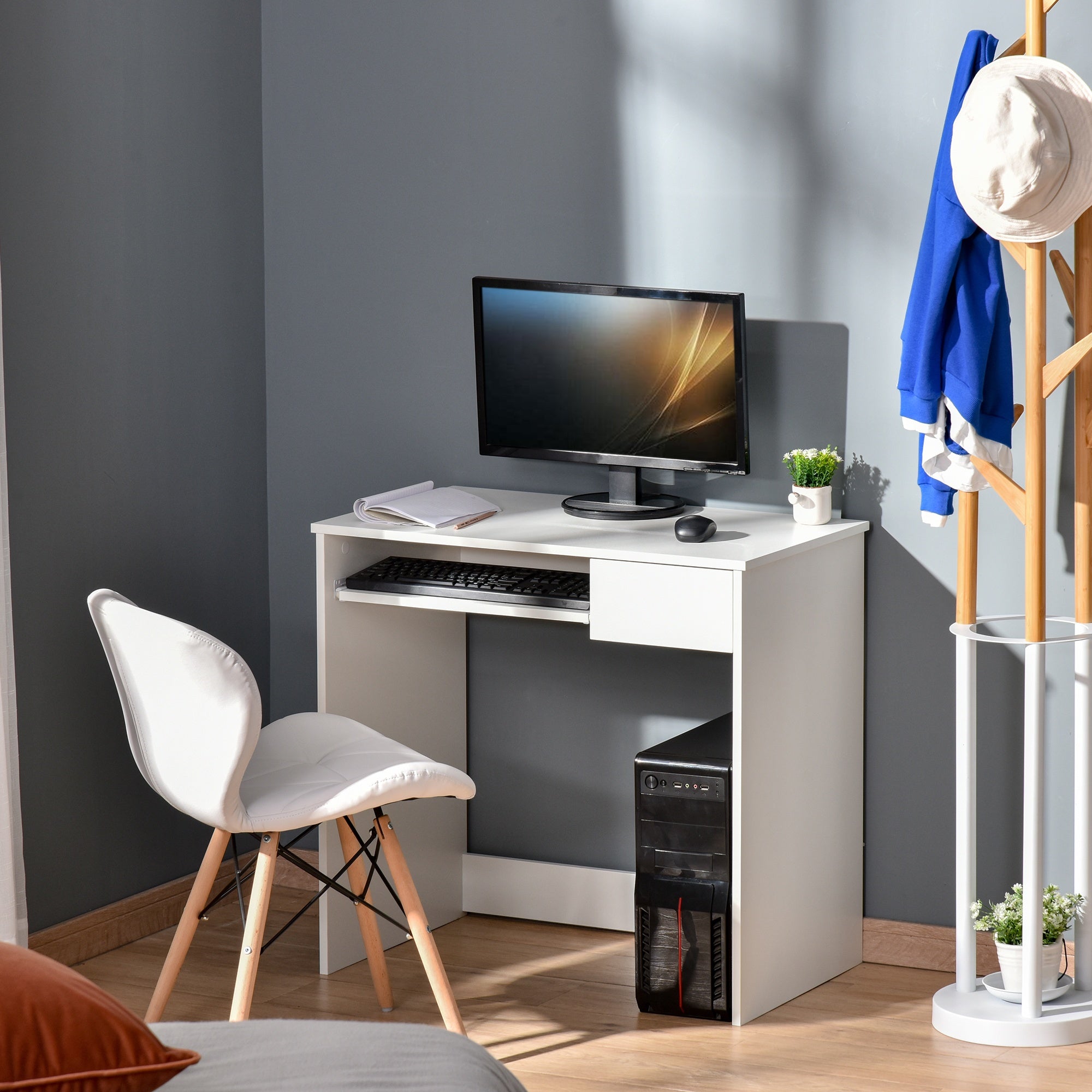 Compact Computer Table with Keyboard Tray Drawer White