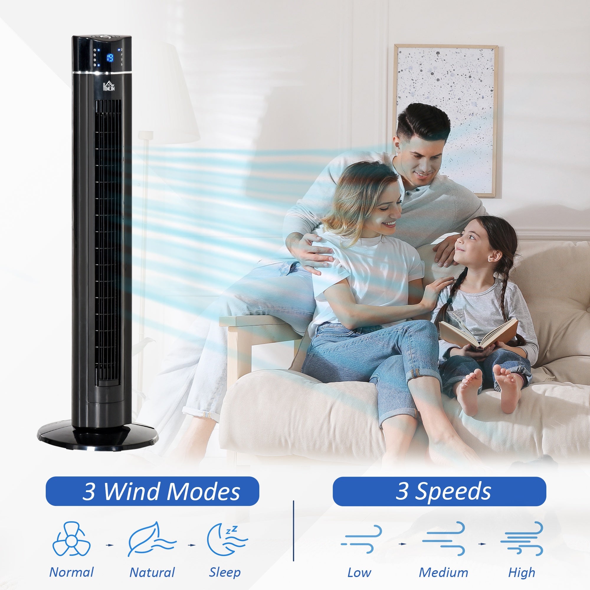 Tower Fan Cooling 3 Speed, 8h Timer, Oscillating, LED Panel, Black w/ RC