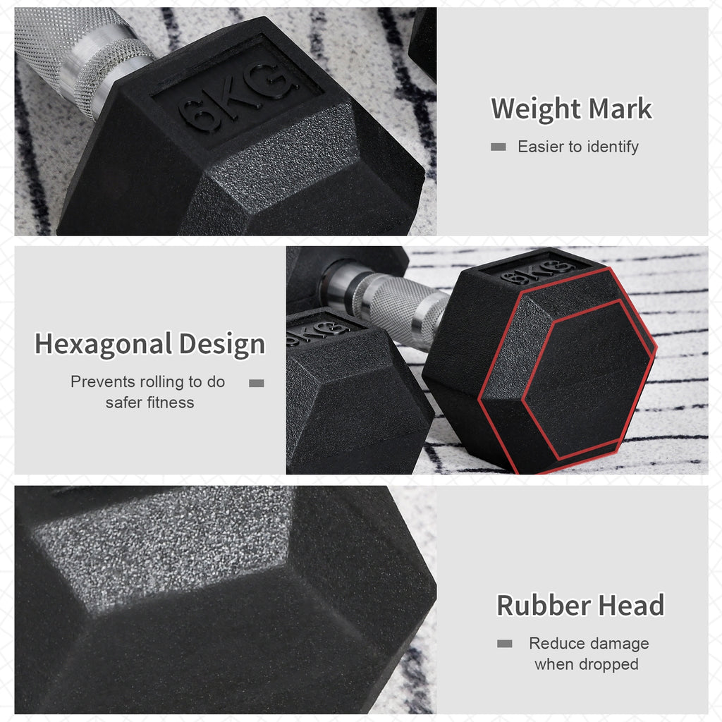 Hexagonal Dumbbells Kit Weight Lifting Exercise for Home Fitness 2x6kg HOMCOM