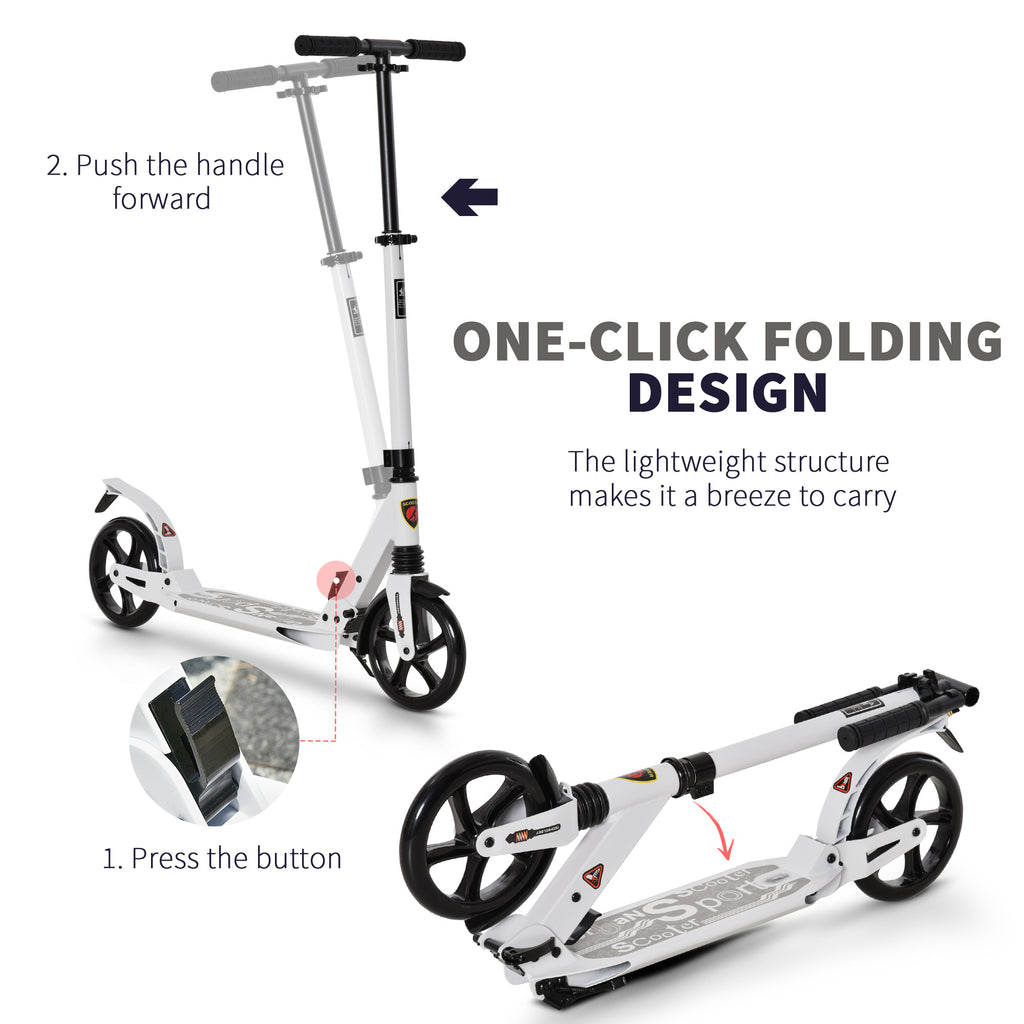 Kick Scooter Folding 2 Big Wheels Adjustable  Adult Teens For 14+ White HOMCOM