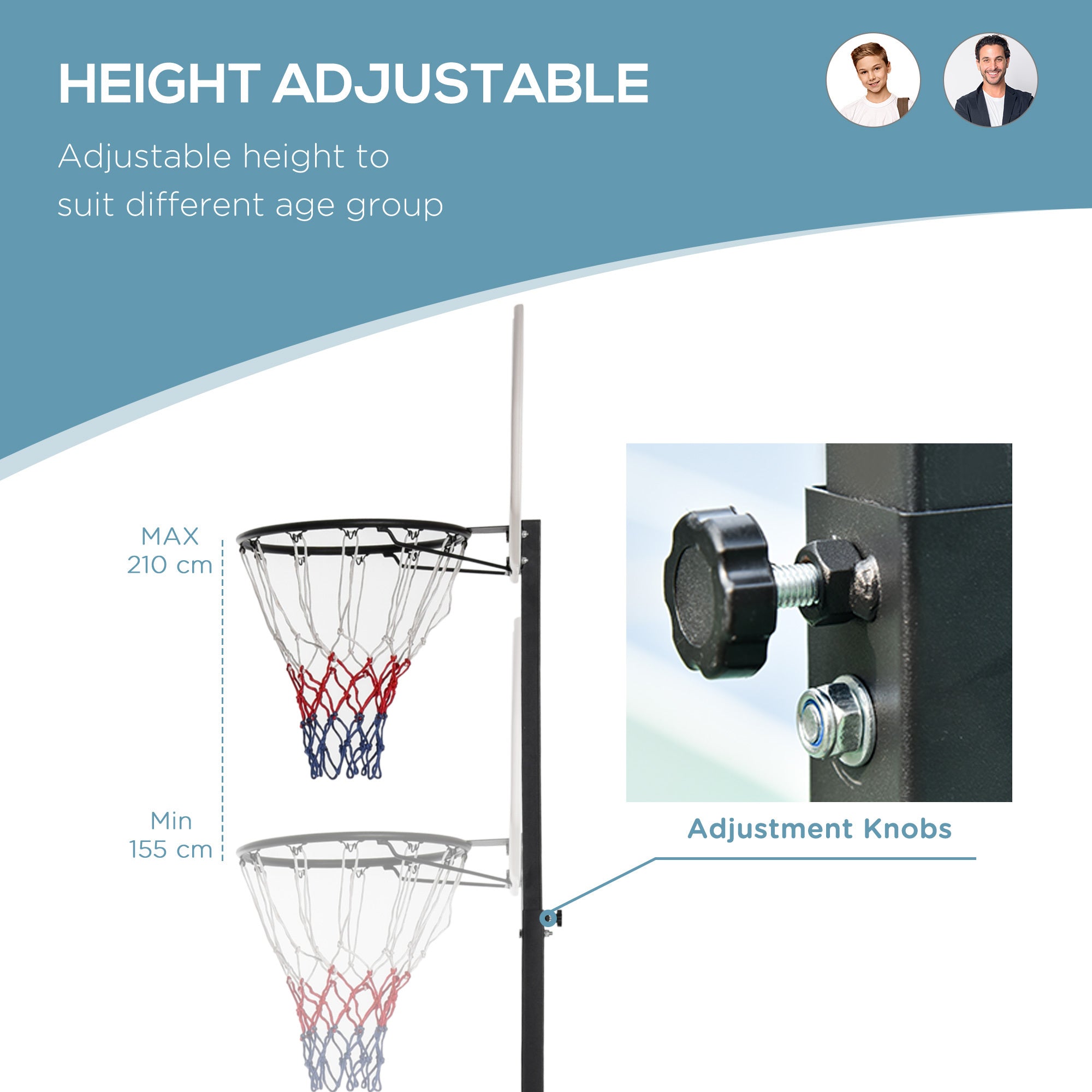 155-210cm Height Adjustable Basketball Stand Backboard Portable w/ Net HOMCOM