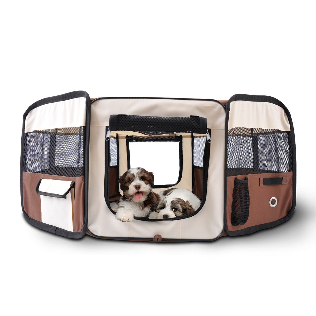Fabric Pet Puppy Dog Cat Rabbit Pig Guinea Playpen Run Brown Cream M PawHut