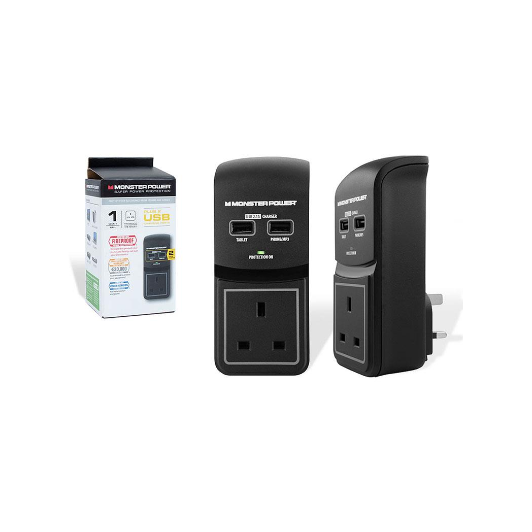 Monster Power Core 100 Surge Protected Socket with 2 USB Charging Ports, Black