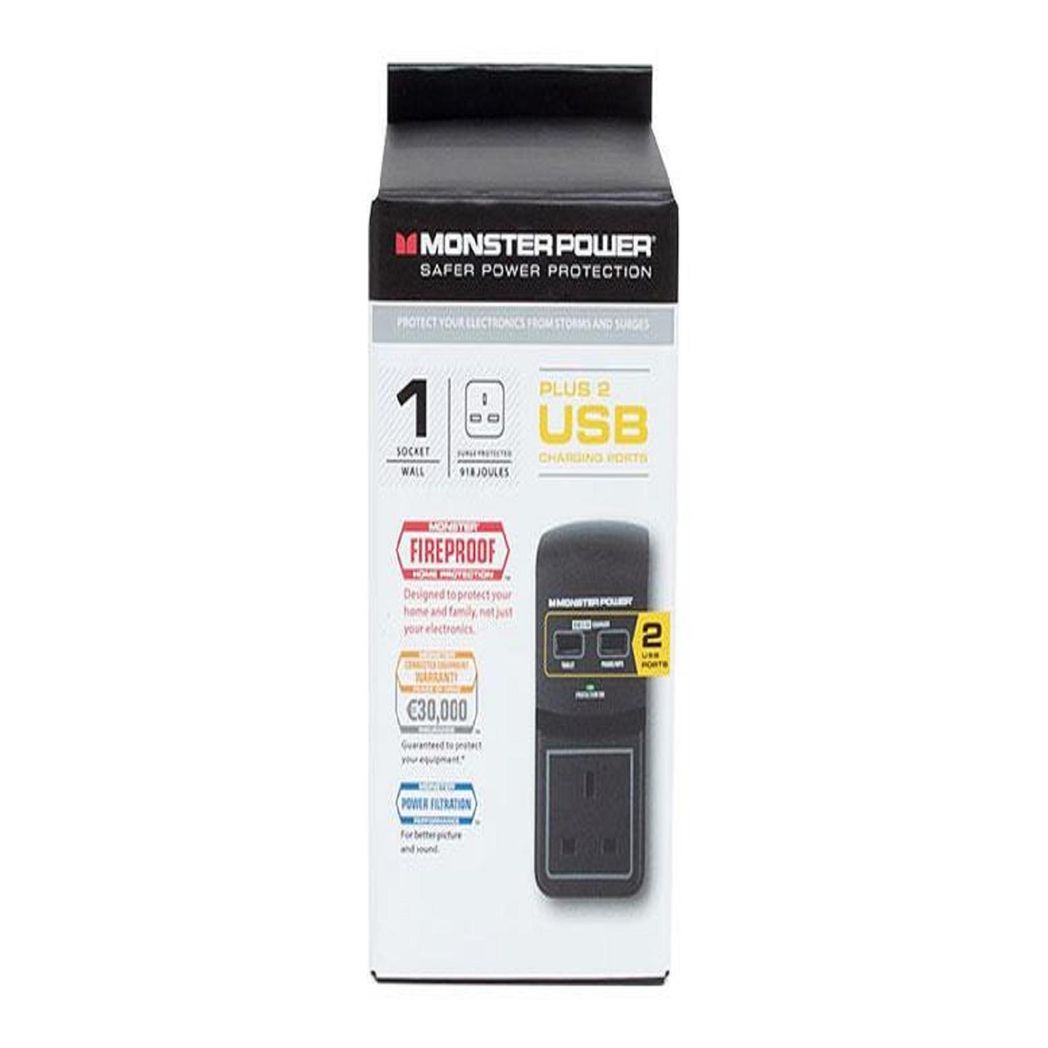 Monster Power Core 100 Surge Protected Socket with 2 USB Charging Ports, Black