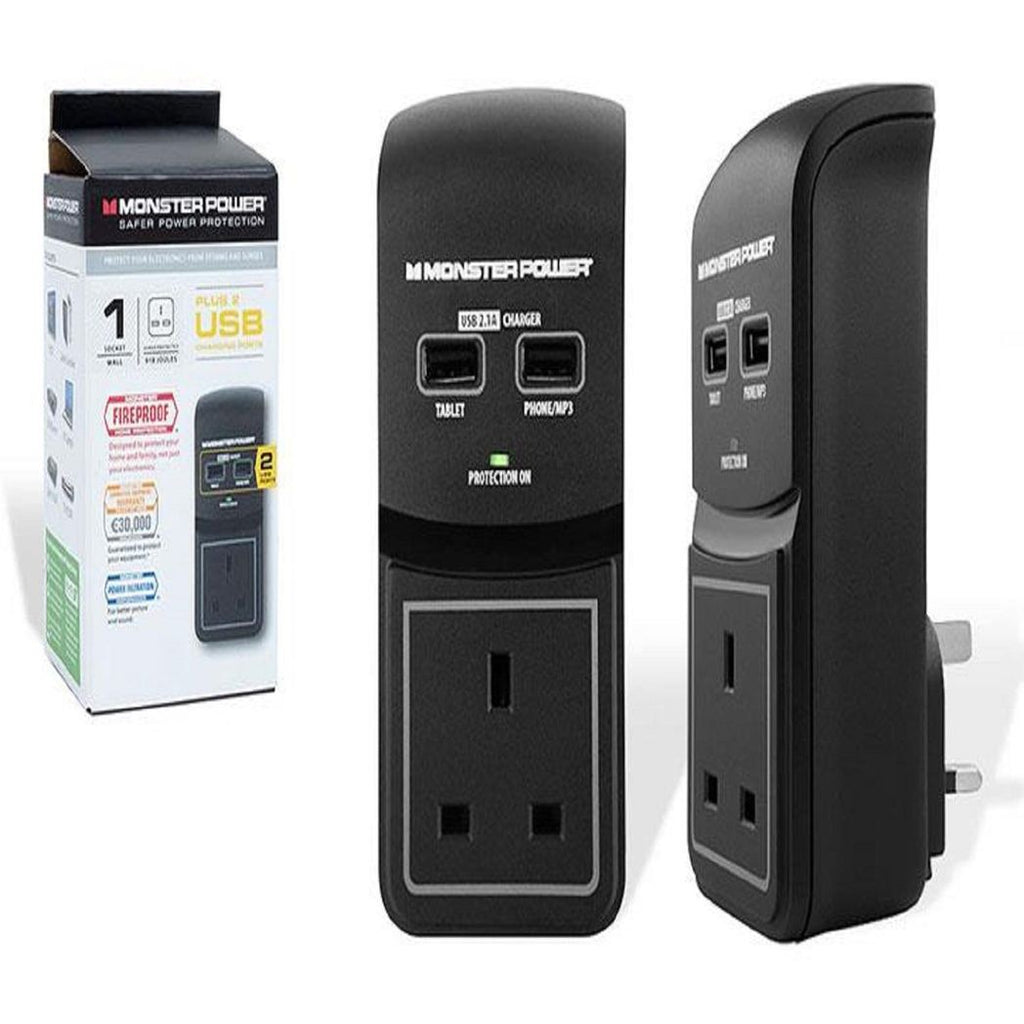 Monster Power Core 100 Surge Protected Socket with 2 USB Charging Ports, Black