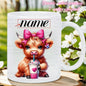 Personalized "Scottish Highland Cow Drinking Iced Coffee" Ceramic Coffee Mug – Custom Name Pink Bow, Cute Farm Animal & Cafe Novelty Cup (M1172)