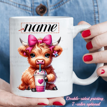 Personalized "Scottish Highland Cow Drinking Iced Coffee" Ceramic Coffee Mug – Custom Name Pink Bow, Cute Farm Animal & Cafe Novelty Cup (M1172)