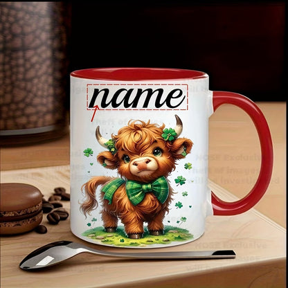 Personalized "Scottish Highland Cow with Shamrock Bow" Ceramic Coffee Mug – Custom Name St. Patrick's Day, Cute Farm Animal & Irish Novelty Cup (M1165)