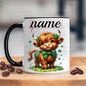 Personalized "Scottish Highland Cow with Shamrock Bow" Ceramic Coffee Mug – Custom Name St. Patrick's Day, Cute Farm Animal & Irish Novelty Cup (M1165)