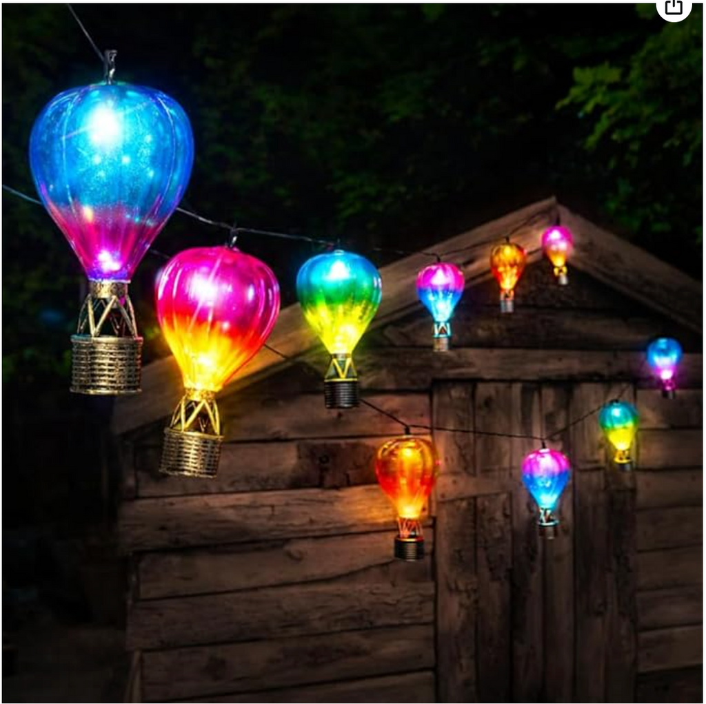 Festive Lights - Solar Hot Air Balloon String Lights - 4.7m Outdoor Garden Fairy Lights, 10 LEDs Multi Colour Hanging Decorative Solar Lights for Patio, Pergola, Balcony Lighting, Weather Resistant
