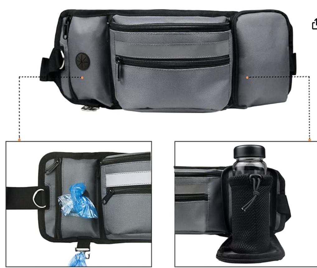 Pouch for Training-Built in Poop Bag Dispenser with Hidden Water Bottle Holder (Bottle not Included), Waist Belt Fanny Pack for Puppy Class, Travel, Running, Walking and Camping, Grey