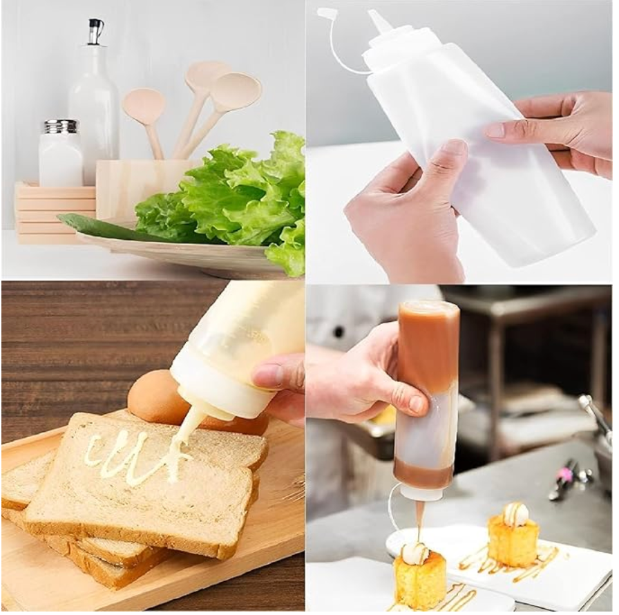 Bottles with Caps, 3 Pack Squeezy Sauce Bottles, Plastic Squeeze Dispensers with Measurements for Ketchup, BBQ, Sauces, Syrup, Dressings (1000ML)