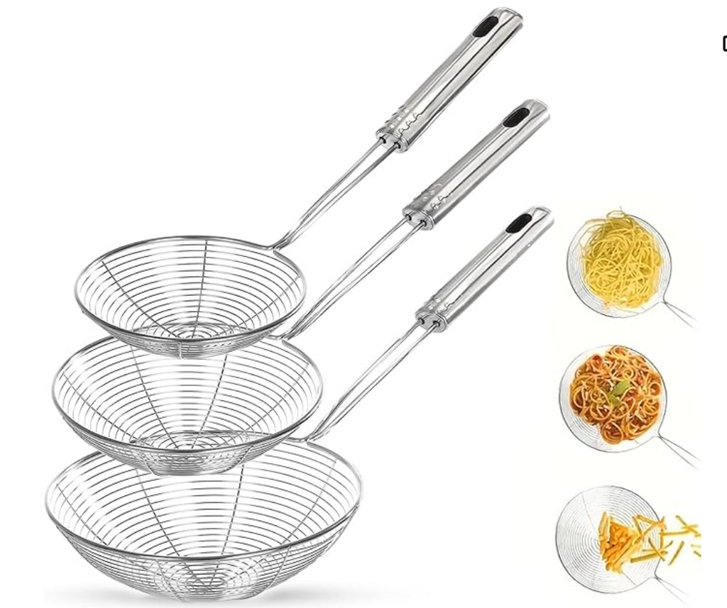 3 Stainless Steel Strainer Wire Skimmer Spoon Spider Ladle Skimmers with Handle for Kitchen Cooking and Frying Food Pasta Spaghetti Noodle UK
