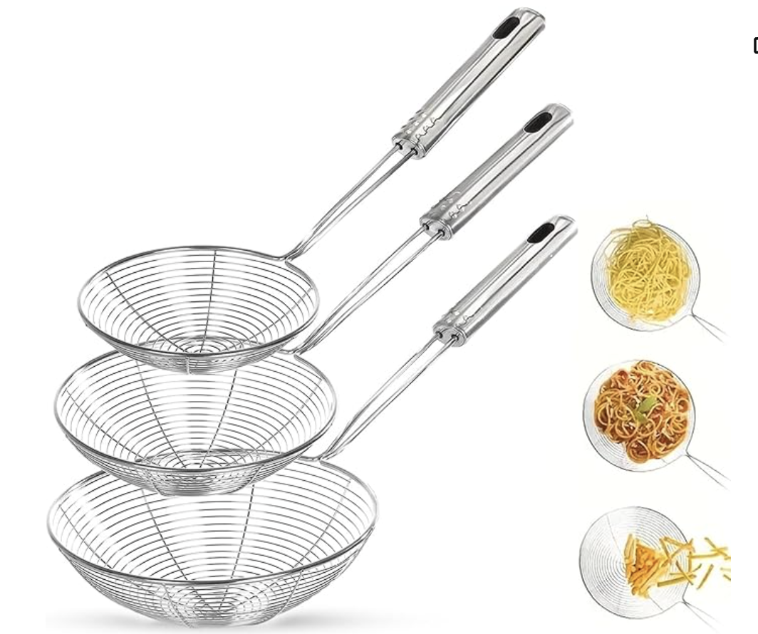 3 Stainless Steel Strainer Wire Skimmer Spoon Spider Ladle Skimmers with Handle for Kitchen Cooking and Frying Food Pasta Spaghetti Noodle UK