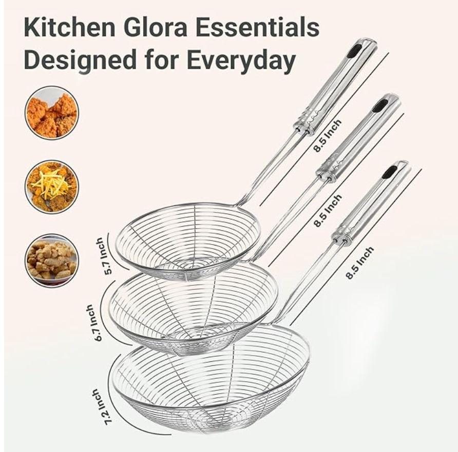 3 Stainless Steel Strainer Wire Skimmer Spoon Spider Ladle Skimmers with Handle for Kitchen Cooking and Frying Food Pasta Spaghetti Noodle UK