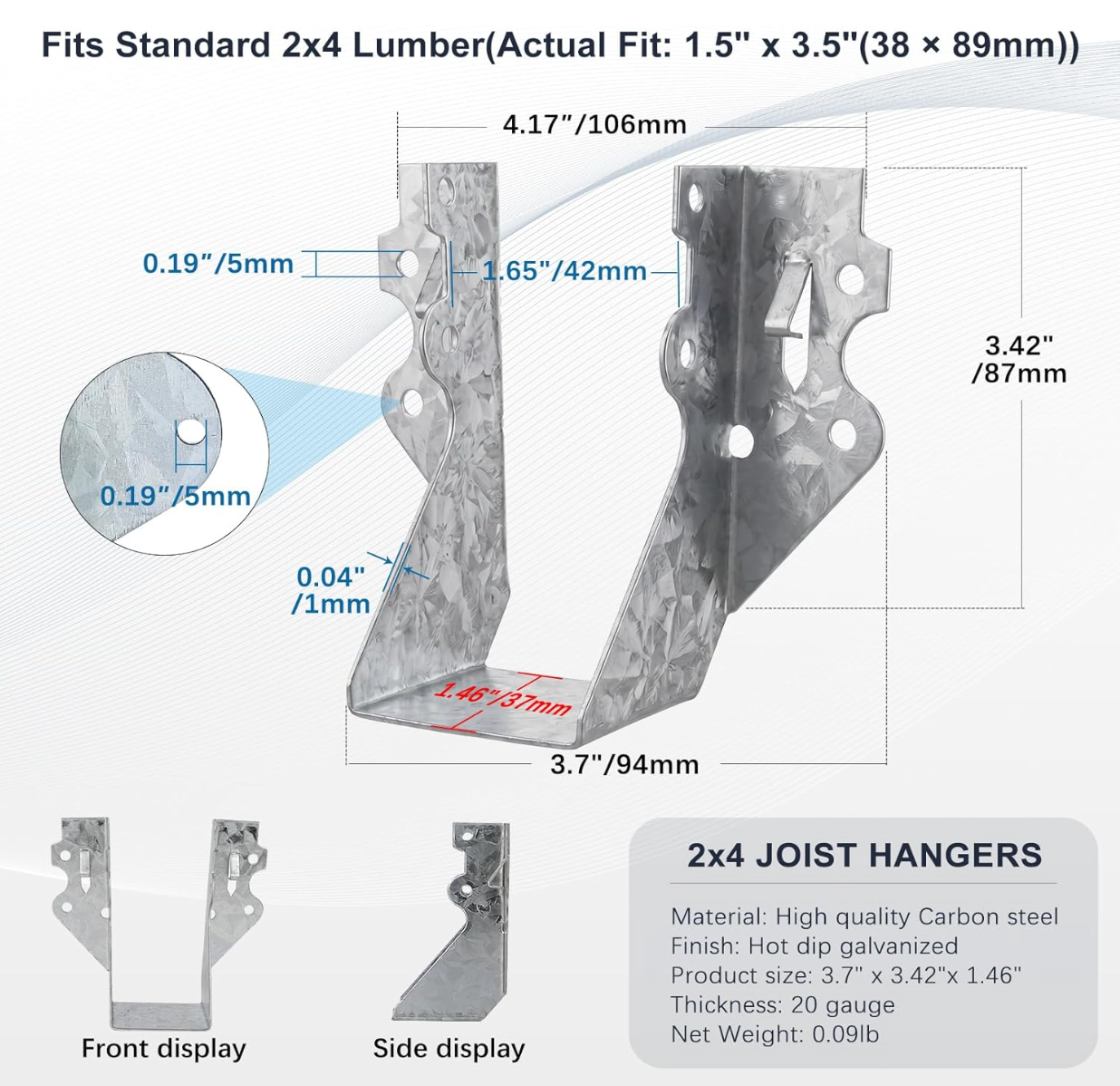 2x4 Joist Hanger 5 Gauge Galvanizing Face Mount Joist Hangers for Wood