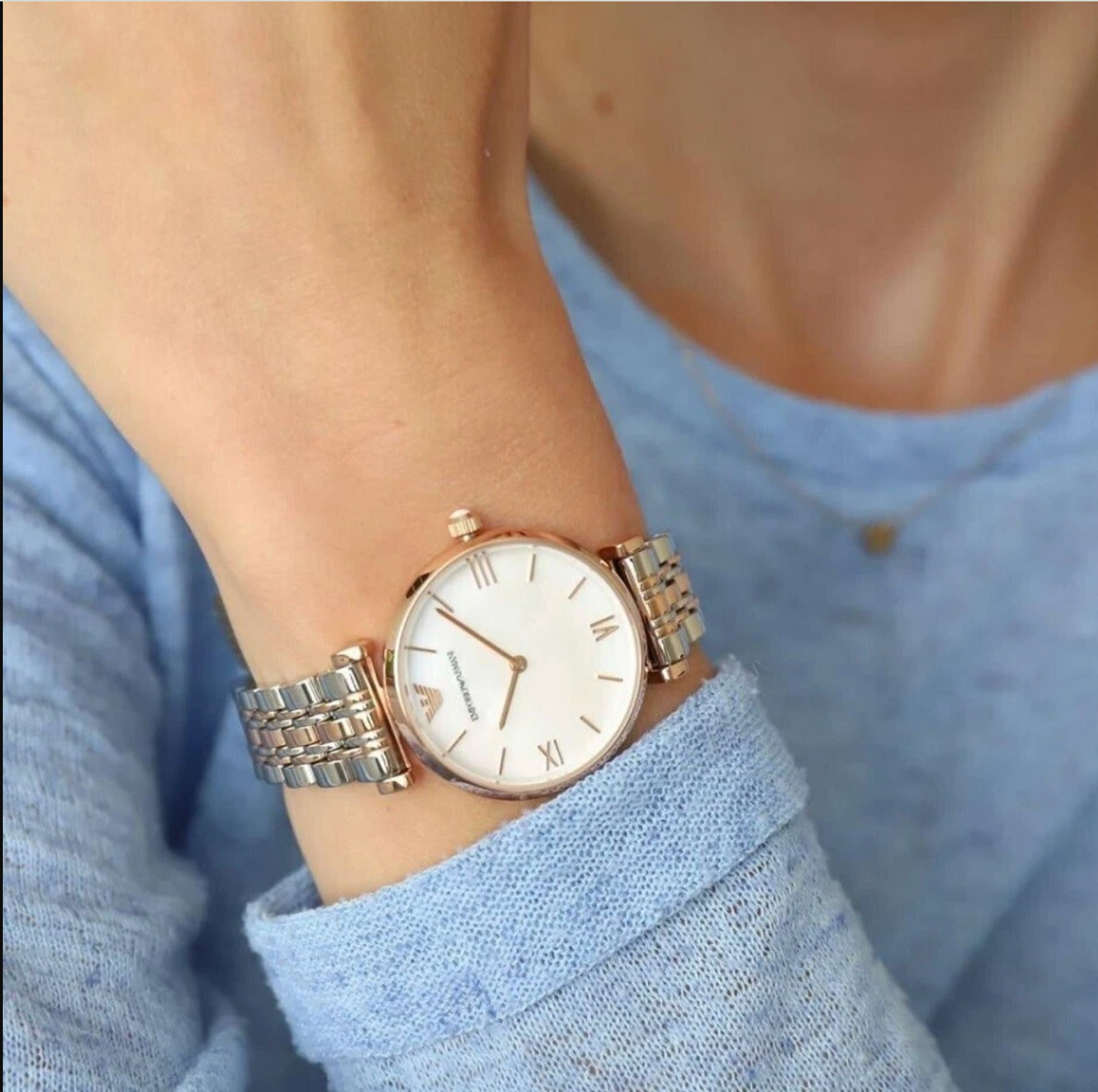 EMPORIO ARMANI WOMENS WATCH SILVER GOLD STRAP & WHITE DIAL AR1683 GENUINE