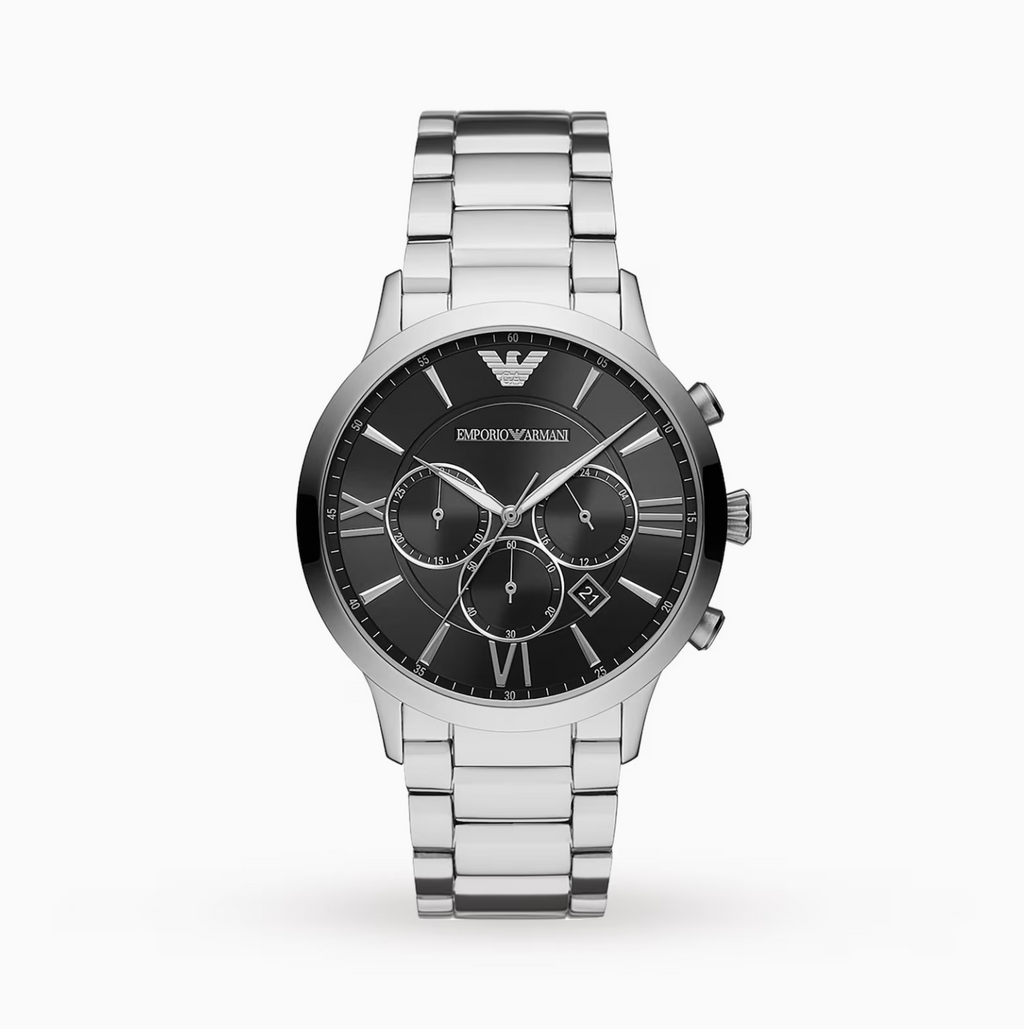 Emporio Armani Stainless Steel and Black Dial Gents Watch