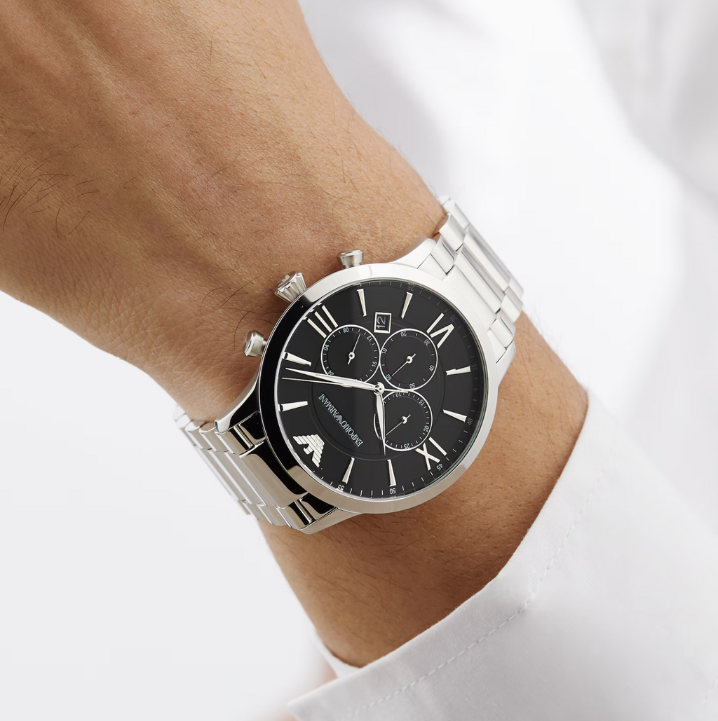 Emporio Armani Stainless Steel and Black Dial Gents Watch