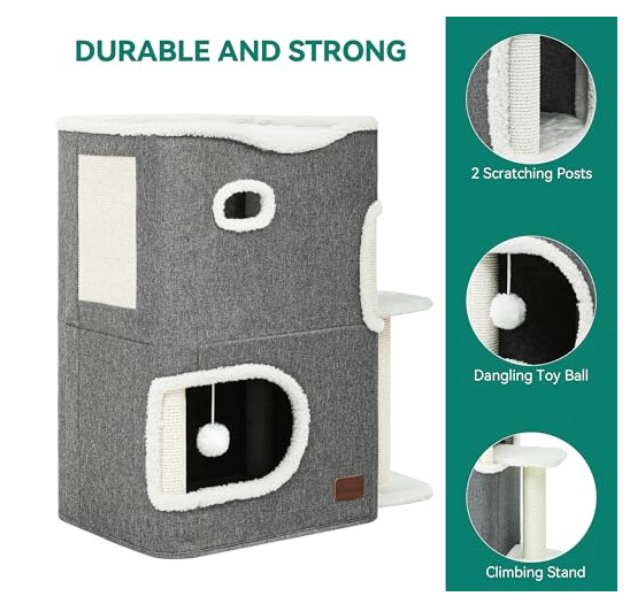 Cat Cave Bed with Scratching Post, Ball & Platform – Indoor Cat Tree Tower UK