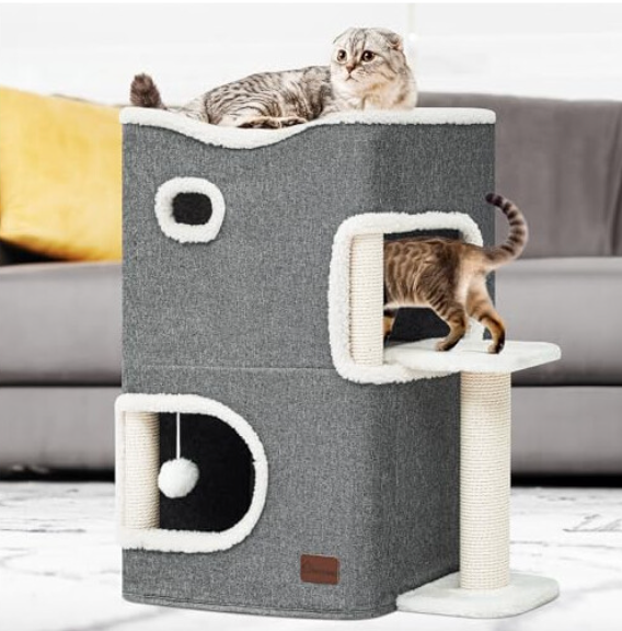 Cat Cave Bed with Scratching Post, Ball & Platform – Indoor Cat Tree Tower UK