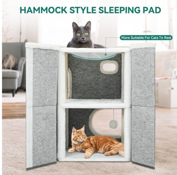 Cat Cave Bed with Scratching Post, Ball & Platform – Indoor Cat Tree Tower UK