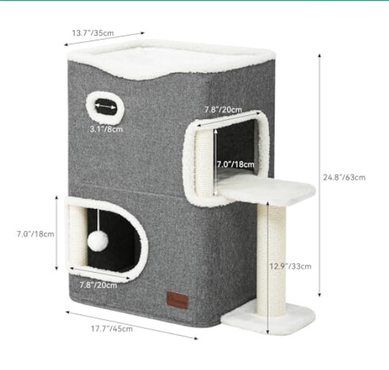 Cat Cave Bed with Scratching Post, Ball & Platform – Indoor Cat Tree Tower UK