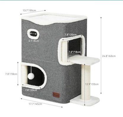 Cat Cave Bed with Scratching Post, Ball & Platform – Indoor Cat Tree Tower UK