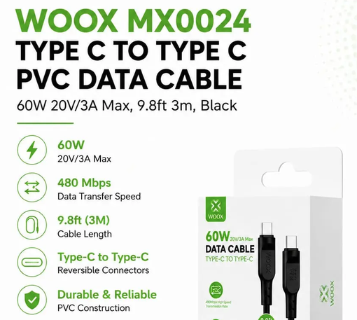 Woox 60W Type-C to Type-C Fast Charging & Data Cable (3M / 9.8ft) – Model MX0024