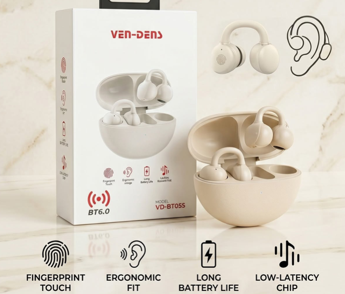 Ven-Dens OWS Open-Ear Wireless Earbuds with Ergonomic Earhooks – Model VD-BT055
